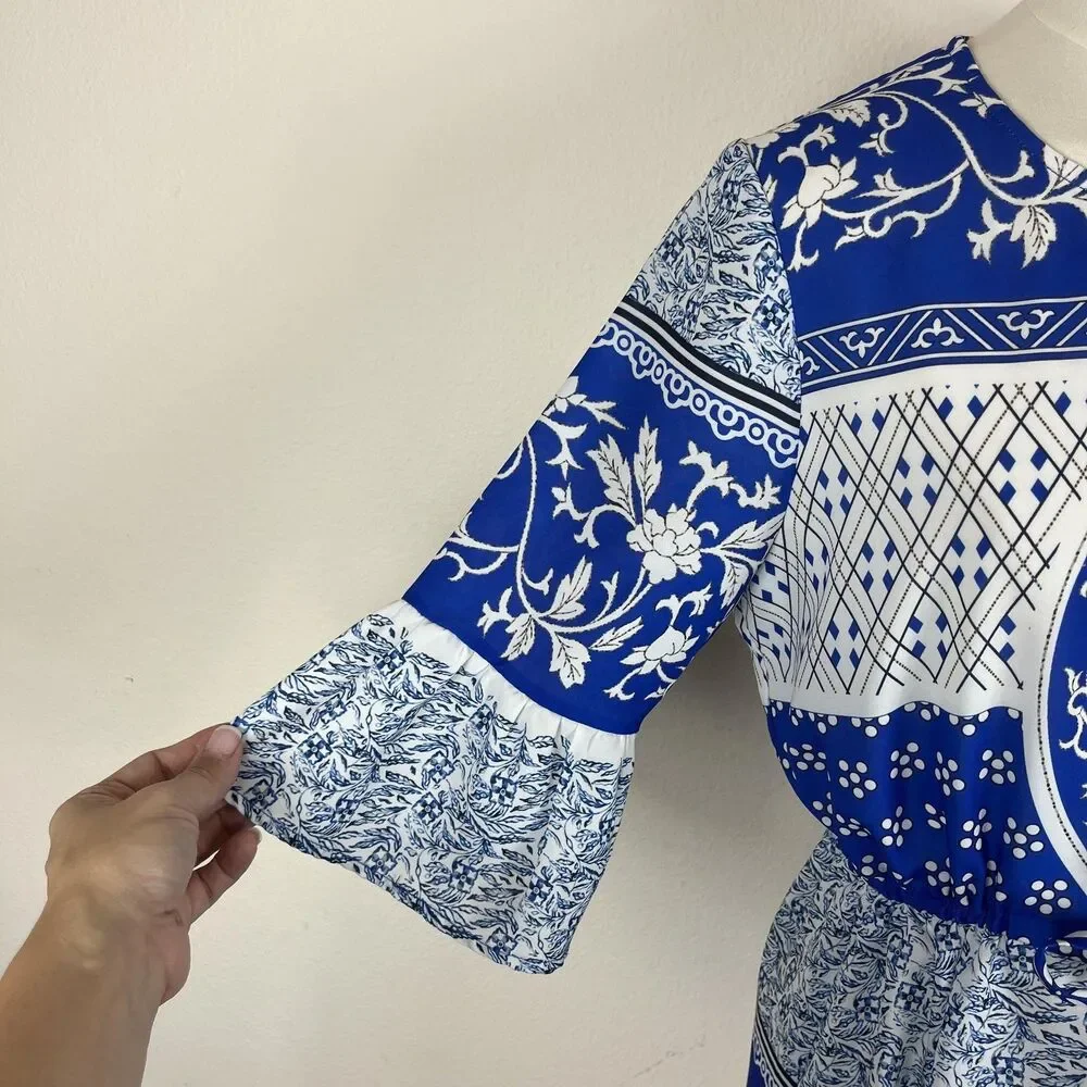 Multiflora Dress Womens XL Blue White Floral Boho Tie Waist Bell Sleeve Ruffle - Picture 4 of 11
